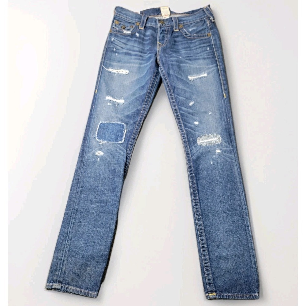 True Religion Women Jeans Cameron Skinny Blue Distressed USA Made Size 24